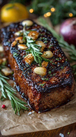 Delicious grilled steak with roasted garlic and fresh rosemary garnish.の写真素材
