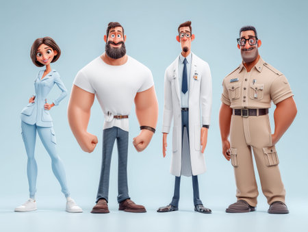 Diverse animated characters in professional outfits on a blue background.