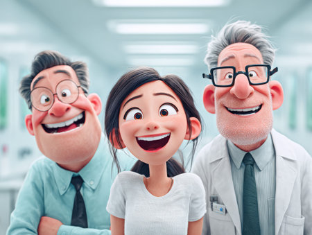 Animated characters smiling in laboratory setting.