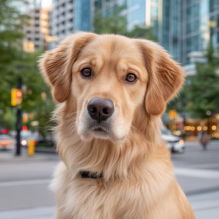 Golden retriever in urban cityscape with modern skyscrapers and lush greenery.