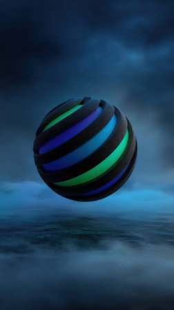 Futuristic floating sphere with neon stripes in misty atmosphere.