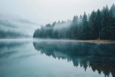 Misty pine forest reflected on tranquil lake in serene landscape.