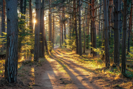 Sunlit forest path in tranquil woodland with tall pine trees at sunset.
