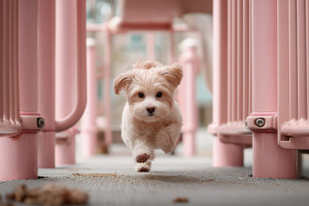 Adorable puppy running on playground with pink equipment in the background.の写真素材