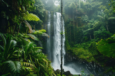 Majestic waterfall surrounded by lush tropical jungle foliage.