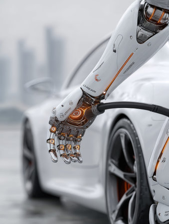 Futuristic robotic arm charging electric car in urban setting.の写真素材