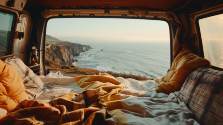 Cozy camper van overlooking scenic coastal landscape at sunset.