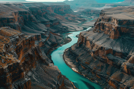 Aerial view of majestic grand canyon with turquoise river winding through rugged landscape.の写真素材