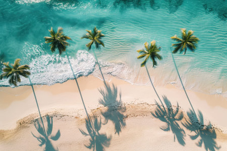 Aerial view of palm trees and turquoise ocean waves on sandy beach.