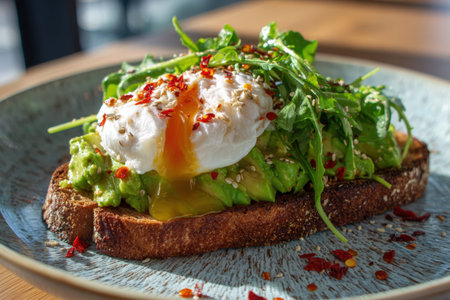 Breakfast avocado toast with poached egg and arugula on whole grain bread.