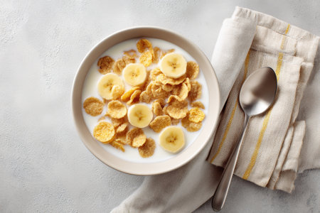 Bowl of cornflakes with banana slices and milk on a light background.の写真素材
