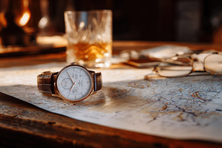 Elegant men's watch on map with whiskey and glasses in warm light.