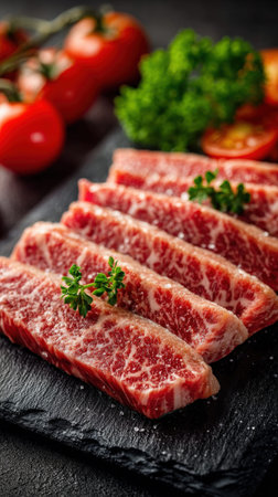 Raw marbled beef slices with herbs and vegetables on black slate.