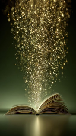 Magical glow from open book with golden sparkling light in mysterious atmosphere.