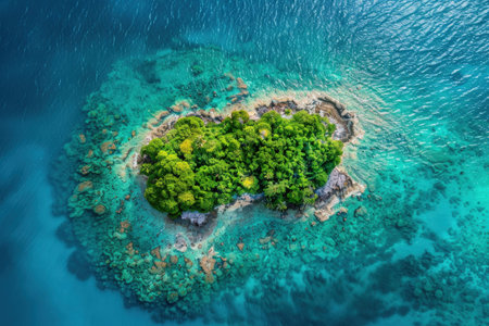 Aerial view of lush green island surrounded by turquoise waters and coral reefs.