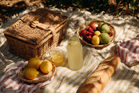 Summer picnic setup with wicker basket, fresh lemonade, and assorted fruits on blanket.