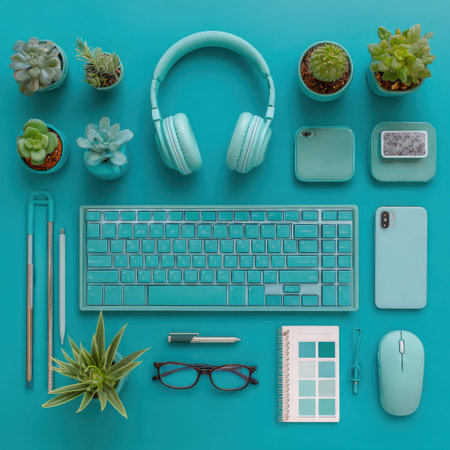 Aesthetic turquoise workspace with keyboard, headphones, and succulent plants.