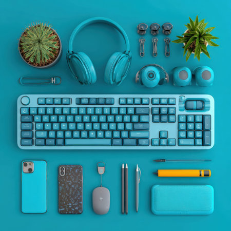Aesthetic flat lay of teal keyboard and gadgets with plants on blue background.