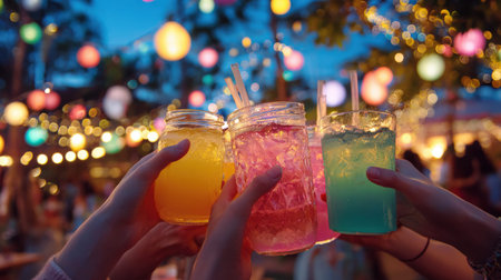 Colorful drinks toast at festive outdoor evening gathering with lanterns.