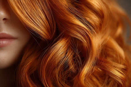 Close-up of young caucasian female with wavy red hair and freckles.