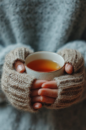 Cozy winter moment with warm cup of tea in knitted gloves.