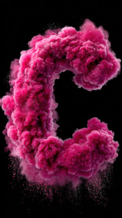 Vibrant pink smoke cloud forming the letter c in dark atmosphere.