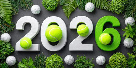 Tennis and golf theme with 2026 number surrounded by greenery and balls.