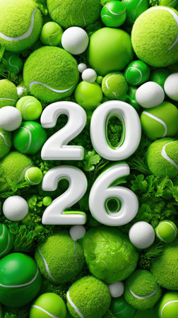 Green sports balls collage with 2026 year in white numerals.
