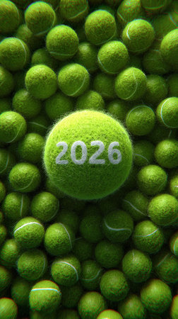 Bright green tennis balls with 2026 centered for a vibrant future sports theme.