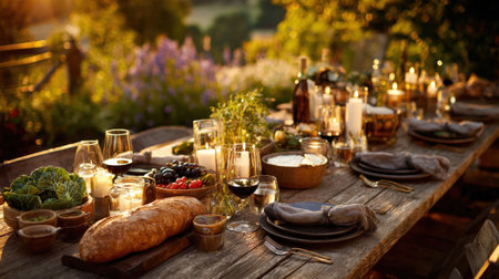 Rustic outdoor dining scene at sunset with fresh bread and wine on wooden table.