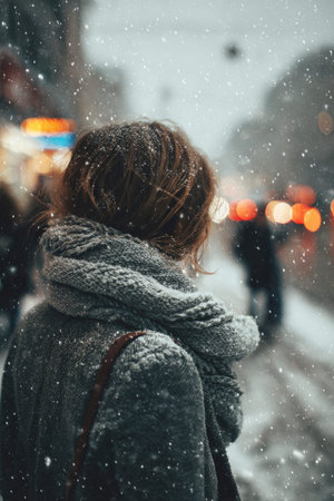 Winter scene with female adult in snowy urban setting.