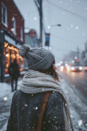 Young caucasian female in winter attire walking on snowy urban street.