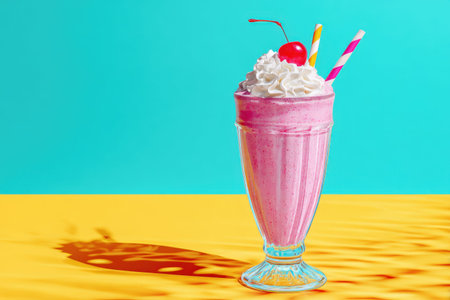 Delicious strawberry milkshake with whipped cream and cherry on colorful background.