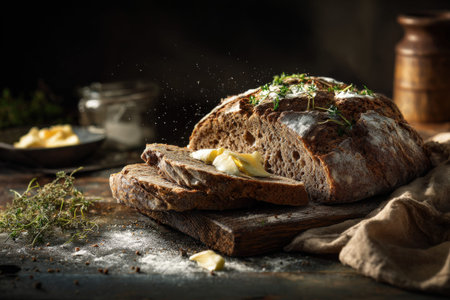 Rustic whole grain bread with butter and fresh herbs on wooden board.