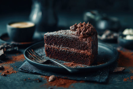 Rich chocolate cake slice with coffee on dark rustic table setting.