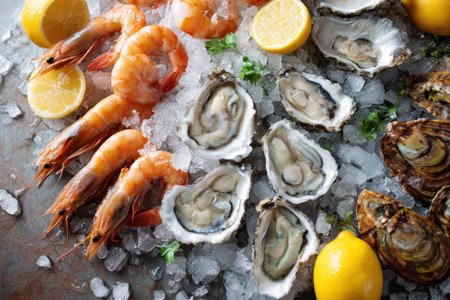 Fresh seafood display with shrimp, oysters, and lemons on ice.