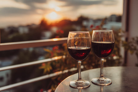 Two glasses of red wine on a balcony at sunset with scenic view.