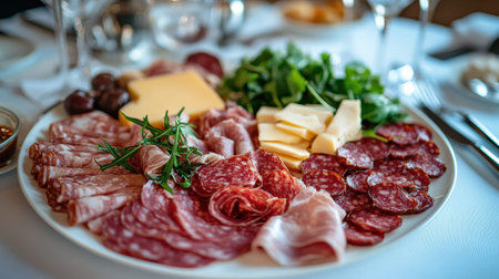 Delicious charcuterie platter with cured meats, cheeses, and greens.