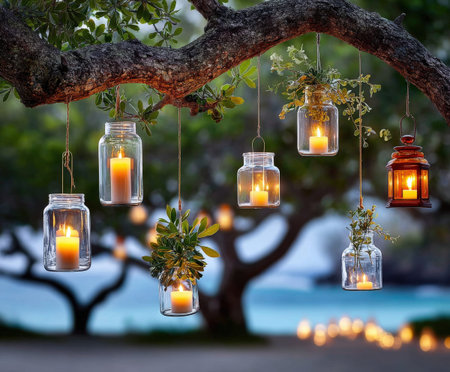 Hanging jar lanterns with candles and greenery on tree branch at twilight.