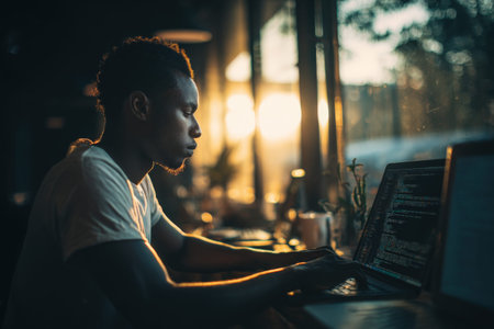 Young african male coding on laptop in sunlit room.