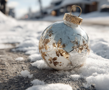 A decorative glass ornament with golden leaves lies on a snowy path, reflecting light.の写真素材