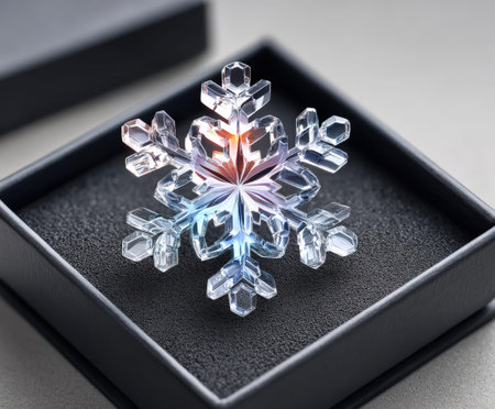 A crystal snowflake ornament in a black box, reflecting light with hints of blue and orange. Elegant...