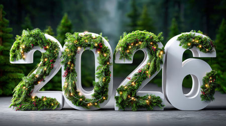 3D numbers 2026 with green foliage and lights, set in a forest. Festive and nature-themed ambiance.の写真素材
