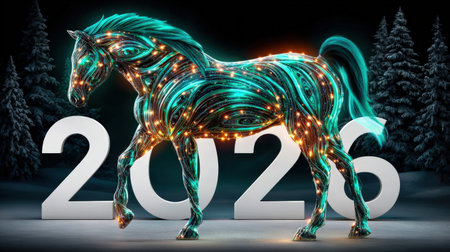 Futuristic glowing horse with swirling patterns stands before 2026 in a snowy forest settingの写真素材