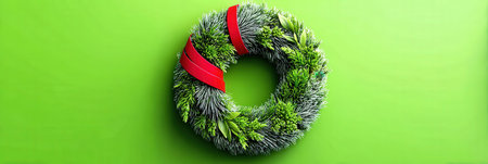 A festive wreath made of green foliage and adorned with a red ribbon is set against a bright green background.の写真素材