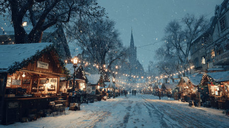 Snow falls gently on a cozy Christmas market adorned with fairy lights, quaint wooden stalls, and a towering church in the background, creating a festive, serene atmosphereの写真素材