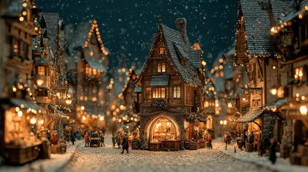 Miniature snowy village scene with warmly lit buildings and people strolling. String lights and falling snowflakes create a festive, cozy atmosphereの写真素材