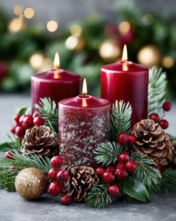 Red candles with burning flames surrounded by pine cones, red berries, and pine branches. Festive holiday decor with blurred lights in the backgroundの写真素材