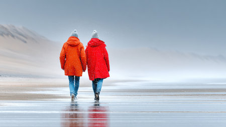 Two people in orange coats walk on a snowy beach, reflecting on the wet sand. Misty, overcast backdrop with a serene, wintry atmosphere.の写真素材