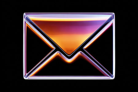 Abstract envelope icon with vibrant glass design on black background.